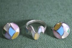 Кольцо и серьги "Витраж", комплект. Разноцветные вставки. Серебро 925 пробы.