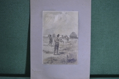 Старинная репродукция "Осенняя жатва, крестьянин точит косу". Н. Каразин, 1889