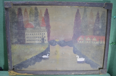 Картина старинная на дереве "Лебеди на пруду". Наив, деревенское письмо.