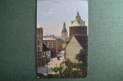 Открытка старинная "Рига. Улица Сандштрассе". Цветная. Трамвай. Riga. Sandstrasse. Henz Rudolff. #O4