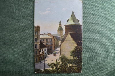 Открытка старинная "Рига. Улица Сандштрассе". Цветная. Трамвай. Riga. Sandstrasse. Henz Rudolff. #O4