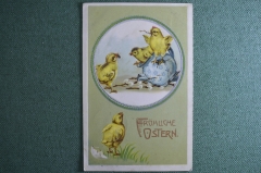 Открытка старинная "Поздравляю с Пасхой! Христос воскресе!". Цыплята и чайник. Fröhliche Ostern