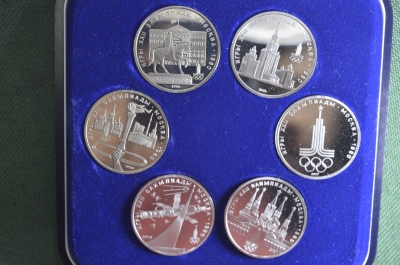 Олимпийские рубли (набор, 6 штук). Пруф, староделы, коробка Госбанк. Олимпиада 1980 года, Москва.