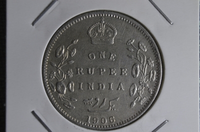 Монета 1 рупия 1906 года. Серебро. Индия. XF.