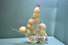 Корабль кораблик парусник габаритный. Натуральные морские раковины (ракушки). Азия.