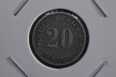 Монета 20 пфеннигов 1876 года. B. Серебро. Рейх. Германия. Империя. VF+