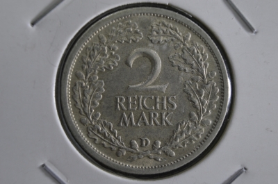 Монета 2 марки рейхсмарки 1926 года. D. Серебро. Рейх. Германия. aUNC.