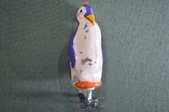 Игрушка елочная стеклянная "Пингвин, пингвиненок". Стекло, прищепка. #4. СССР.