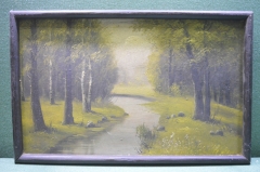 Картина на дереве "Лесной ручей". Дерево, масло. Автор неизвестен.