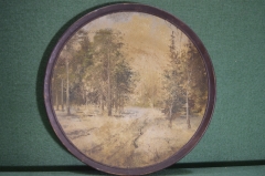 Тарелка старинная, декоративная, керамика, картина на холсте "Лесная дорога". 
