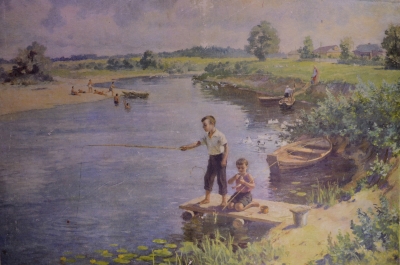 Советский плакат "На реке". Наглядное учебное пособие для 1 класса. 1965 г. СССР.