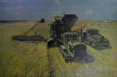 Советский плакат "Уборка урожая комбайном". Наглядное учебное пособие для 3-4 классов. 1968 г. СССР.