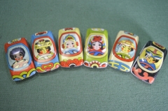 Машинки игрушечные жестяные "Мы едем едем едем" (набор, 6 штук). Национальности. Жесть, СССР.