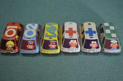 Машинки игрушечные жестяные (набор, 6 штук). Скорая помощь, ГАИ, Пожарники, Такси. Жесть, СССР.