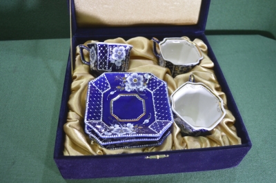 Сервиз, фарфоровые чайные пары в коробке. Фарфор, кобальт. Гжель, Барыкина.