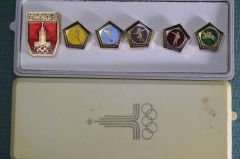Знаки, значки "Олимпиада 1980, пятиборье, виды спорта" (набор, 6 штук). С коробкой.