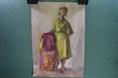 Картина, рисунок "Женжина в зеленом платье у стула". Бумага, акварель.