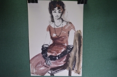 Картина, рисунок "Сидящая девушка в красном платье". Бумага, акварель.
