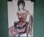 Картина, рисунок "Сидящая девушка в красном платье". Бумага, акварель.