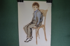 Картина, рисунок "Мальчик на стуле". Бумага, карандащ.