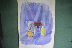 Картина, рисунок "Слоненок, банка и утенок". Бумага, акварель.