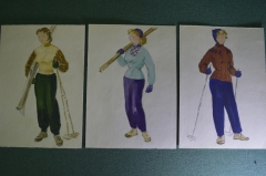 Рисунки, наброски для журнала мод. Лыжницы. Лот 3 эскиза. 1950 -е годы. Мода, стиль.