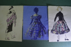 Рисунки, наброски для журнала мод. Платья. Лот 3 эскиза. 1950 -е годы. Мода, стиль.