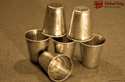 Серебряные стопки (6 шт.), 1956 год. 875 проба, резьба штихелем.