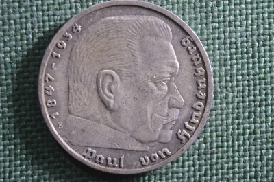 Монета 5 марок, рейхсмарок 1938 года. Гинденбург, Рейх. Серебро, E. Reichsmark, Deutsches Reich.