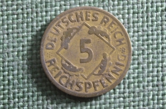 Монета 5 рейхспфеннигов, пфеннигов 1924 года A. Веймар, Веймарская Республика. Германия.