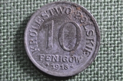 Монета 10 фенигов 1918 года. Буквы F F. 10 fenigow, Krolestwo Polskie. Немецкая оккупация, Польша.  