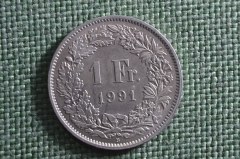 Монета 1 франк 1991 года. Буква B. Швейцария. Helvetia. 