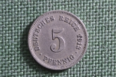 Монета 5 пфеннигов 1913 года. Буква G. Карлсруэ. Deutsches Reich. Германская империя. 