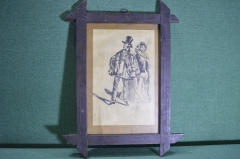 Картина, рисунок старинный в деревянной рамке. Мужчина в цилиндре и женщина.