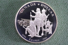 Монета 1 доллар 1990 года. Экспедиция Генри Келси. Kelsey 1690 г.  Канада. Пруф, Proof. Серебро.