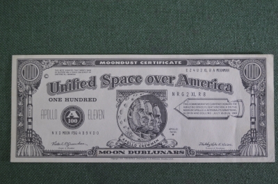 Бона, банкнота "Unified Space over America". Moondust Certificate. Лунные деньги. Аполллон. Космос. 
