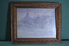 Карина, рисунок "Зимний лес". Резная деревянная рама. 1963 г.