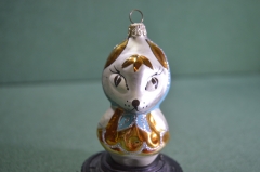 Игрушка елочная новогодняя "Лиса лисица в косынке". Стекло. Роспись. МПО "Иней". СССР.