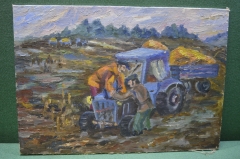 Картина "Целина. Ремонт трактора в поле". Холст, масло. Худ. Краснов (Ройтер)
