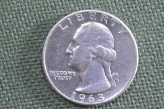 Монета 25 центов 1963 года. Буква D, Денвер. Liberty, In God we trust. Quarter dollar. США.