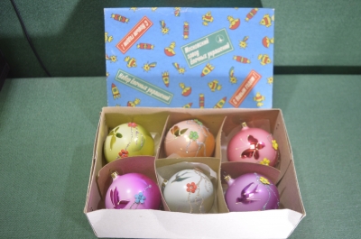 Елочная игрушка шары "Радость". Набор 6 шт. в коробке. МПО Иней. СССР.