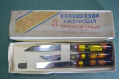 Нож столовый. Набор 3х предметный. Оригинальная коробка. Роспись хохлома. Труд Вача. СССР.