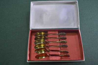 Ложка кофейная "Роза". МНЦ. Набор 6 шт. в коробке. Позолота. СССР.