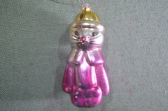 Елочная стеклянная игрушка "Кот в сапогах. Зеленый плащ". Стекло, подвес. #3. СССР.
