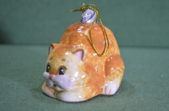 Игрушка елочная "Рыжий ленивый кот и мышка". Кошка, мышь. Керамика, майолика, ручная роспись. #4