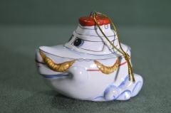 Игрушка елочная "Катер, катерок, кораблик". Моряк, буксир. Керамика, майолика, ручная роспись. #3