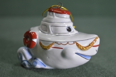 Игрушка елочная "Катер, катерок, кораблик". Моряк, буксир. Керамика, майолика, ручная роспись. #2