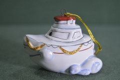 Игрушка елочная "Катер, катерок, кораблик". Моряк, буксир. Керамика, майолика, ручная роспись. #1
