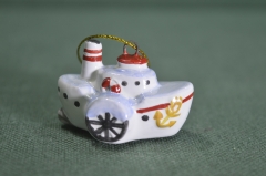 Игрушка елочная "Пароходик, корабль, катерок, буксир". Керамика, майолика, ручная роспись. #1