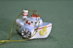 Игрушка елочная "Пароходик, корабль, катерок, буксир". Керамика, майолика, ручная роспись. #2